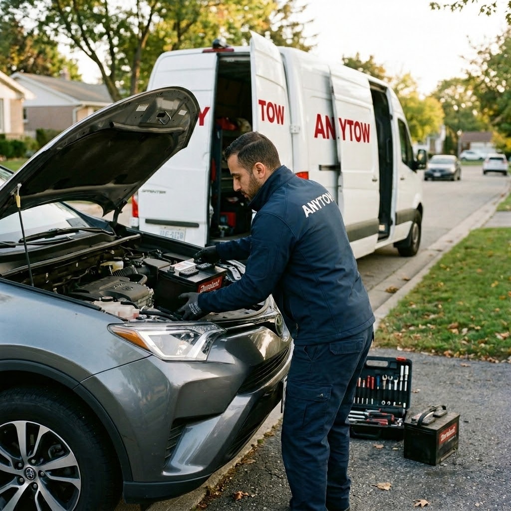 ANYTOW mobile battery technician fitting a replacement car battery