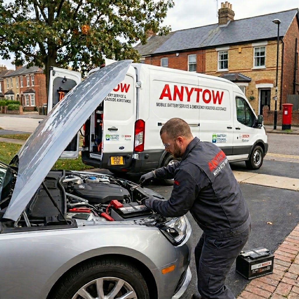 ANYTOW van attending a car battery replacement at a driveway