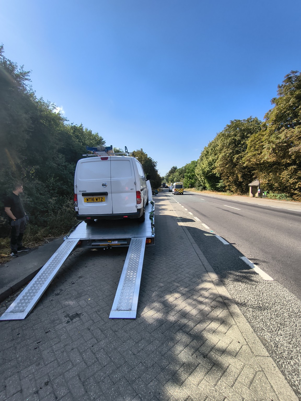Van loaded onto a recovery trailer near the A420 at Faringdon